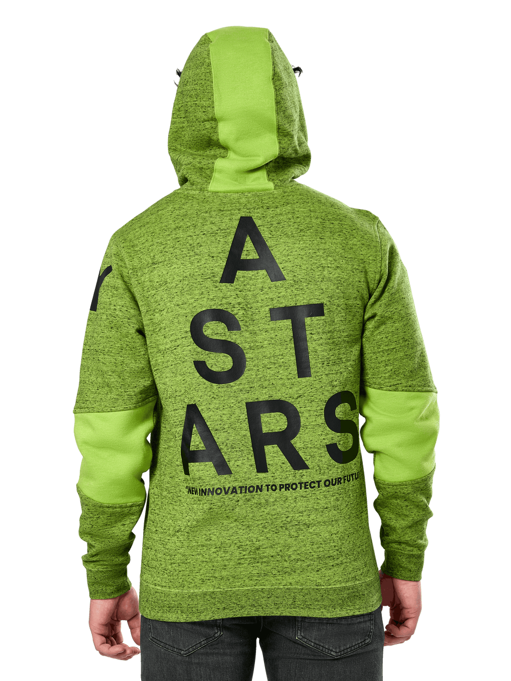 Alpinestars Perpetuate Hoodie, vista posteriore, pile mélange verde lime con inserti in tessuto verde tinta unita su cappuccio e maniche, grande grafica ASTARS nera sul retro, streetwear casual ispirato al motorsport