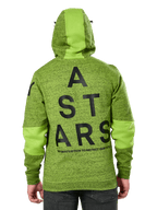 Alpinestars Perpetuate Hoodie, vista posteriore, pile mélange verde lime con inserti in tessuto verde tinta unita su cappuccio e maniche, grande grafica ASTARS nera sul retro, streetwear casual ispirato al motorsport