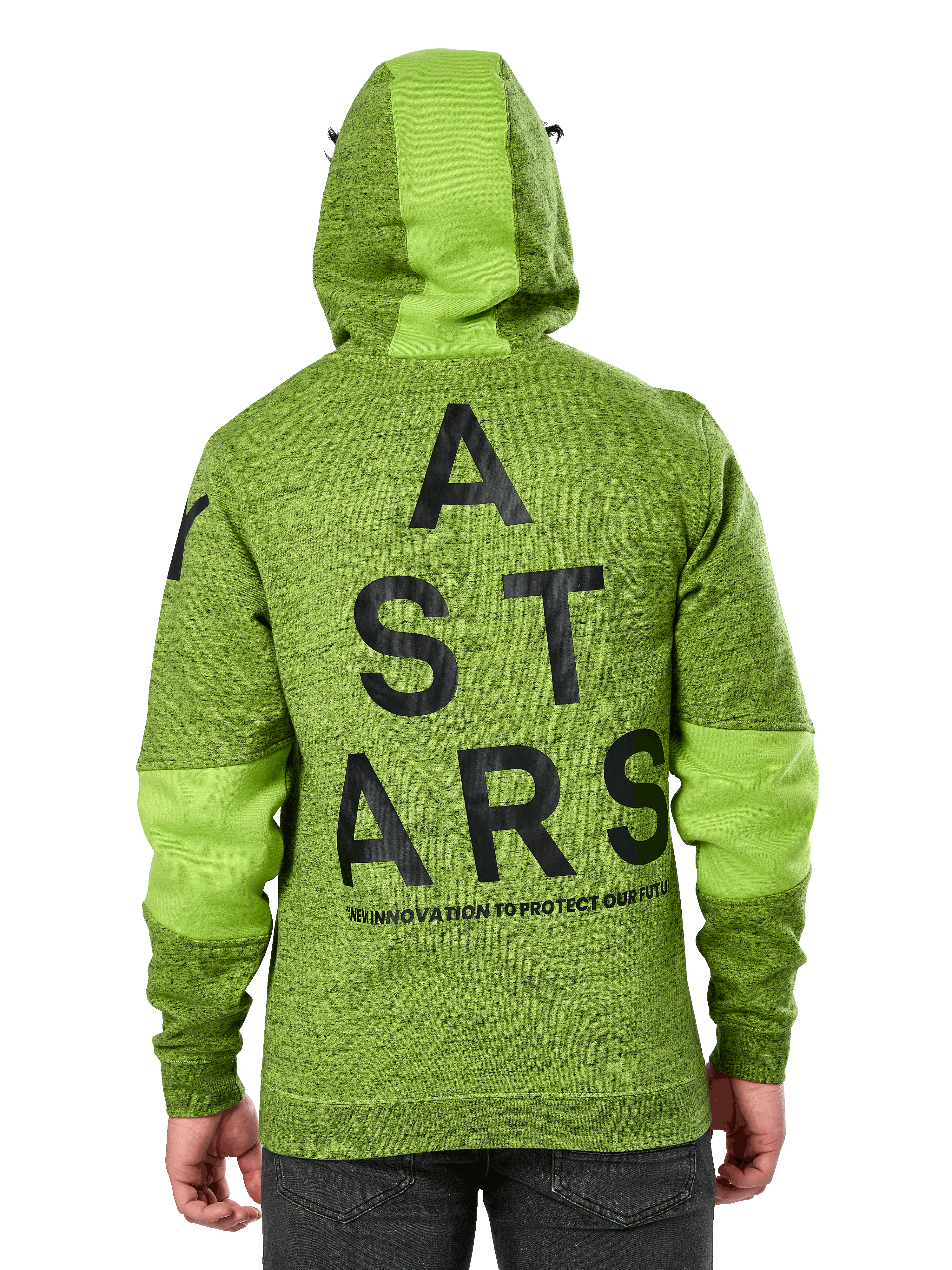 Alpinestars Perpetuate Hoodie, vista posteriore, pile mélange verde lime con inserti in tessuto verde tinta unita su cappuccio e maniche, grande grafica ASTARS nera sul retro, streetwear casual ispirato al motorsport