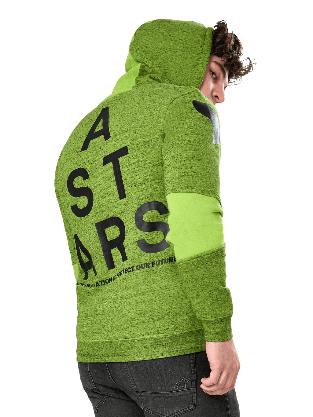 Alpinestars Perpetuate Hoodie, felpa casual sportswear, pile verde lime mélange, vista posteriore con grande grafica ASTARS nera verticale sulla schiena e logo sulla spalla, inserti di tessuto sulle maniche, cappuccio con cordino, streetwear moderno ispirato al motorsport.