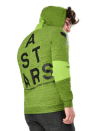 Alpinestars Perpetuate Hoodie, felpa casual sportswear, pile verde lime mélange, vista posteriore con grande grafica ASTARS nera verticale sulla schiena e logo sulla spalla, inserti di tessuto sulle maniche, cappuccio con cordino, streetwear moderno ispirato al motorsport.