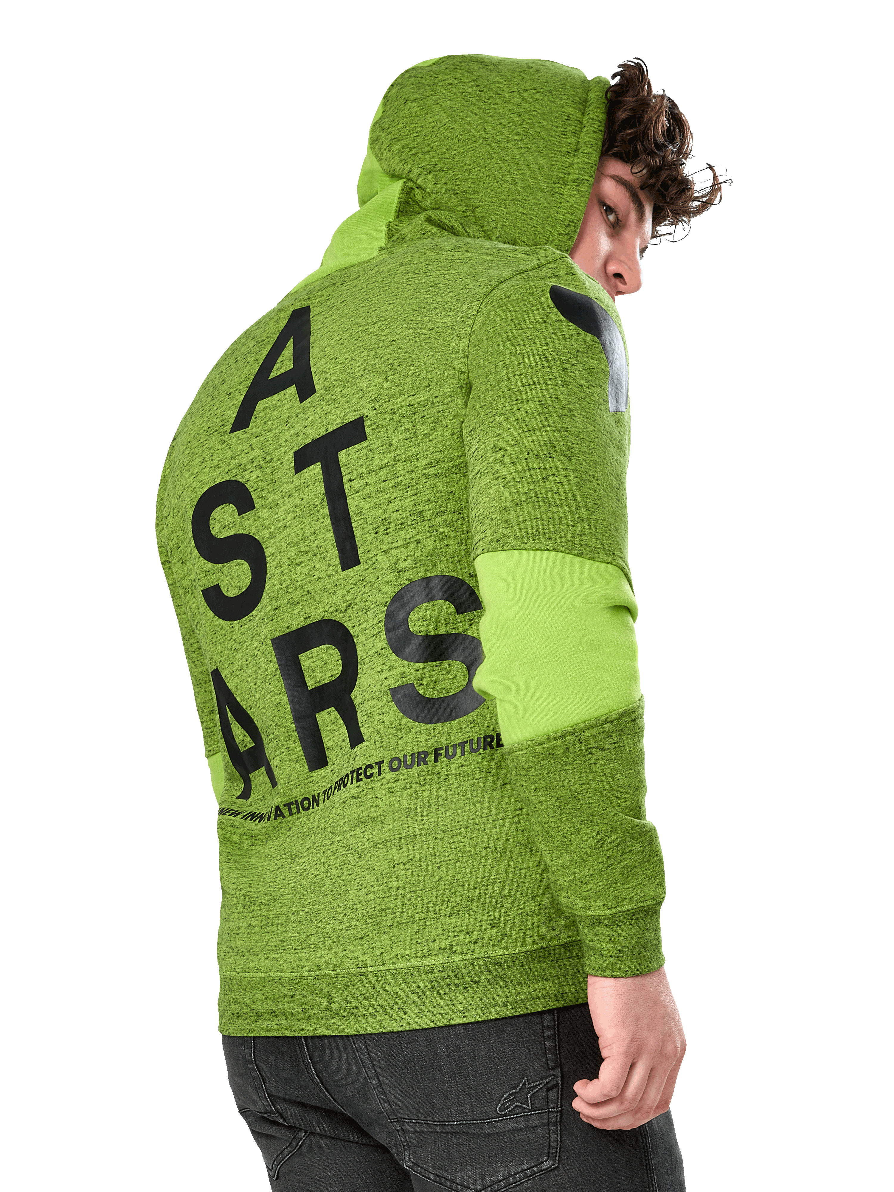 Alpinestars Perpetuate Hoodie, felpa casual sportswear, pile verde lime mélange, vista posteriore con grande grafica ASTARS nera verticale sulla schiena e logo sulla spalla, inserti di tessuto sulle maniche, cappuccio con cordino, streetwear moderno ispirato al motorsport.