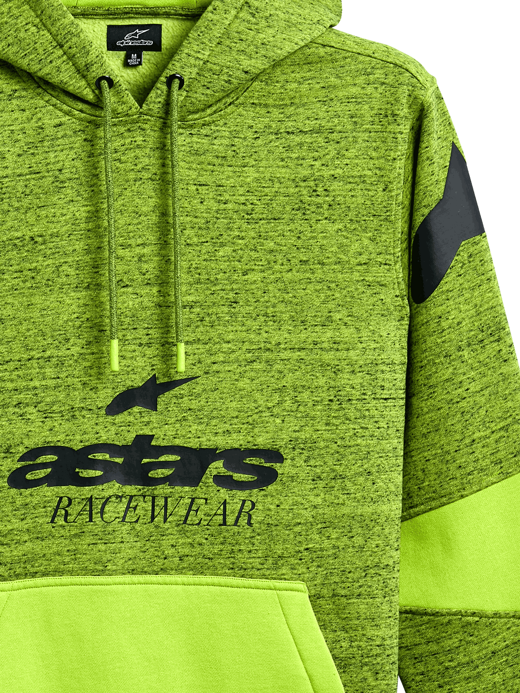 Felpa con cappuccio Alpinestars Perpetuate, pullover mélange verde lime, con grafica nera 'astars RACEWEAR', tasca a marsupio verde lime in tinta unita con blocchi di tessuto, cappuccio con cordino e logo sulla spalla, abbigliamento sportivo casual ispirato al motorsport.