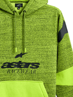 Felpa con cappuccio Alpinestars Perpetuate, pullover mélange verde lime, con grafica nera 'astars RACEWEAR', tasca a marsupio verde lime in tinta unita con blocchi di tessuto, cappuccio con cordino e logo sulla spalla, abbigliamento sportivo casual ispirato al motorsport.