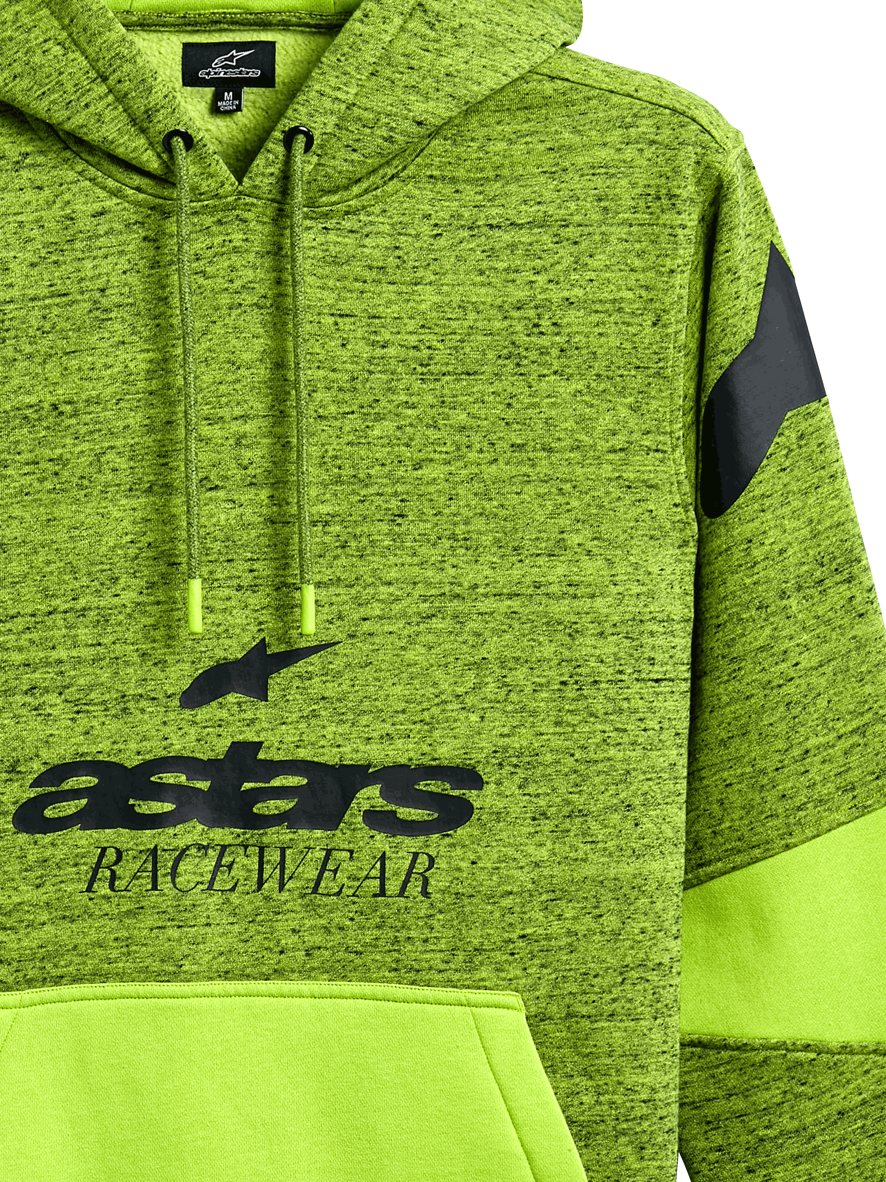Felpa con cappuccio Alpinestars Perpetuate, pullover mélange verde lime, con grafica nera 'astars RACEWEAR', tasca a marsupio verde lime in tinta unita con blocchi di tessuto, cappuccio con cordino e logo sulla spalla, abbigliamento sportivo casual ispirato al motorsport.