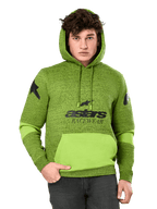 Alpinestars Perpetuate Hoodie, felpa da uomo verde mélange e lime, con blocchi di colore lime acceso sulla tasca a marsupio e sulle maniche, grafica nera 'astars RACEWEAR' sul petto e loghi a stella sulle spalle, abbigliamento casual motorsport streetwear