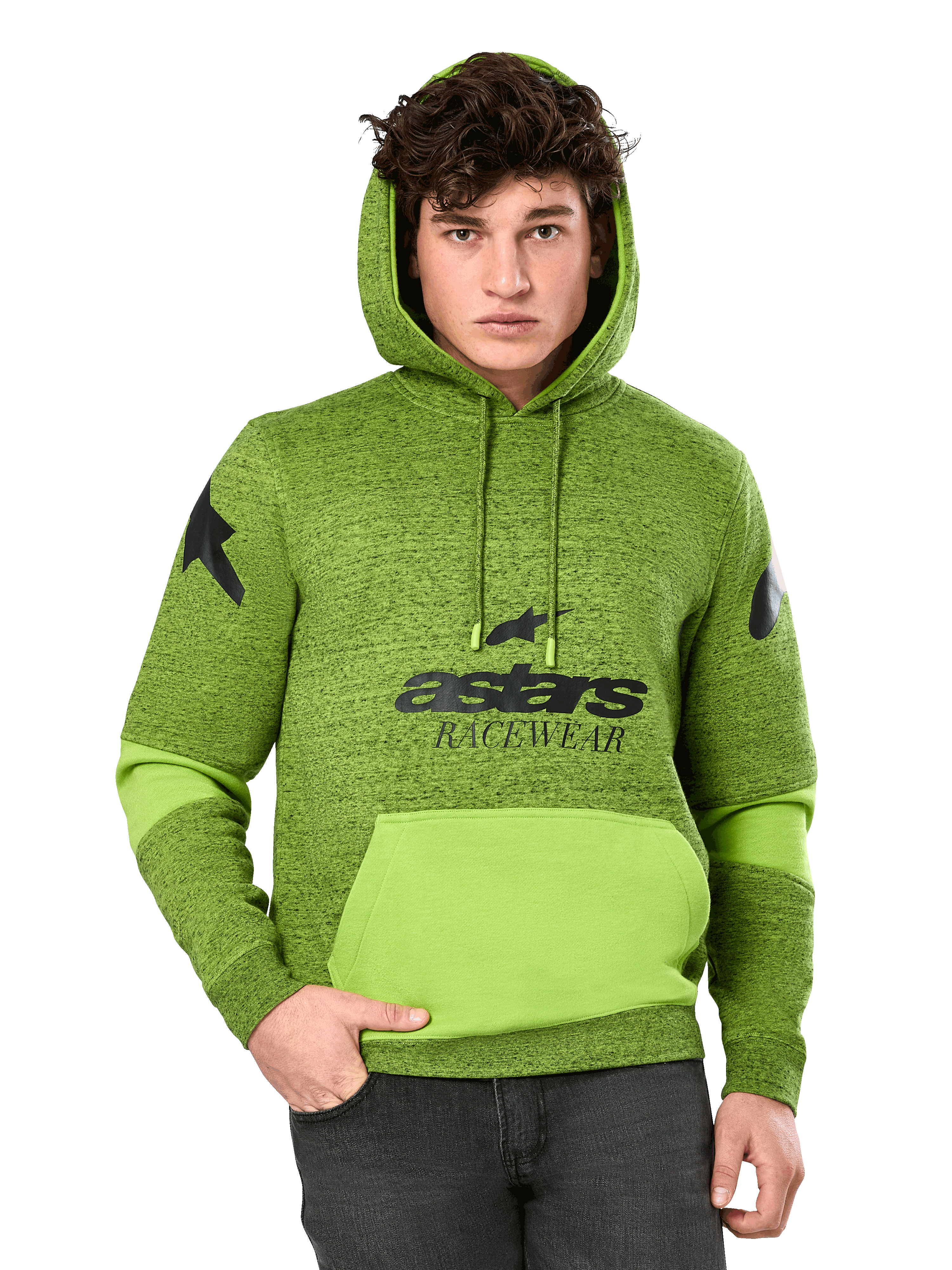 Alpinestars Perpetuate Hoodie, felpa da uomo verde mélange e lime, con blocchi di colore lime acceso sulla tasca a marsupio e sulle maniche, grafica nera 'astars RACEWEAR' sul petto e loghi a stella sulle spalle, abbigliamento casual motorsport streetwear