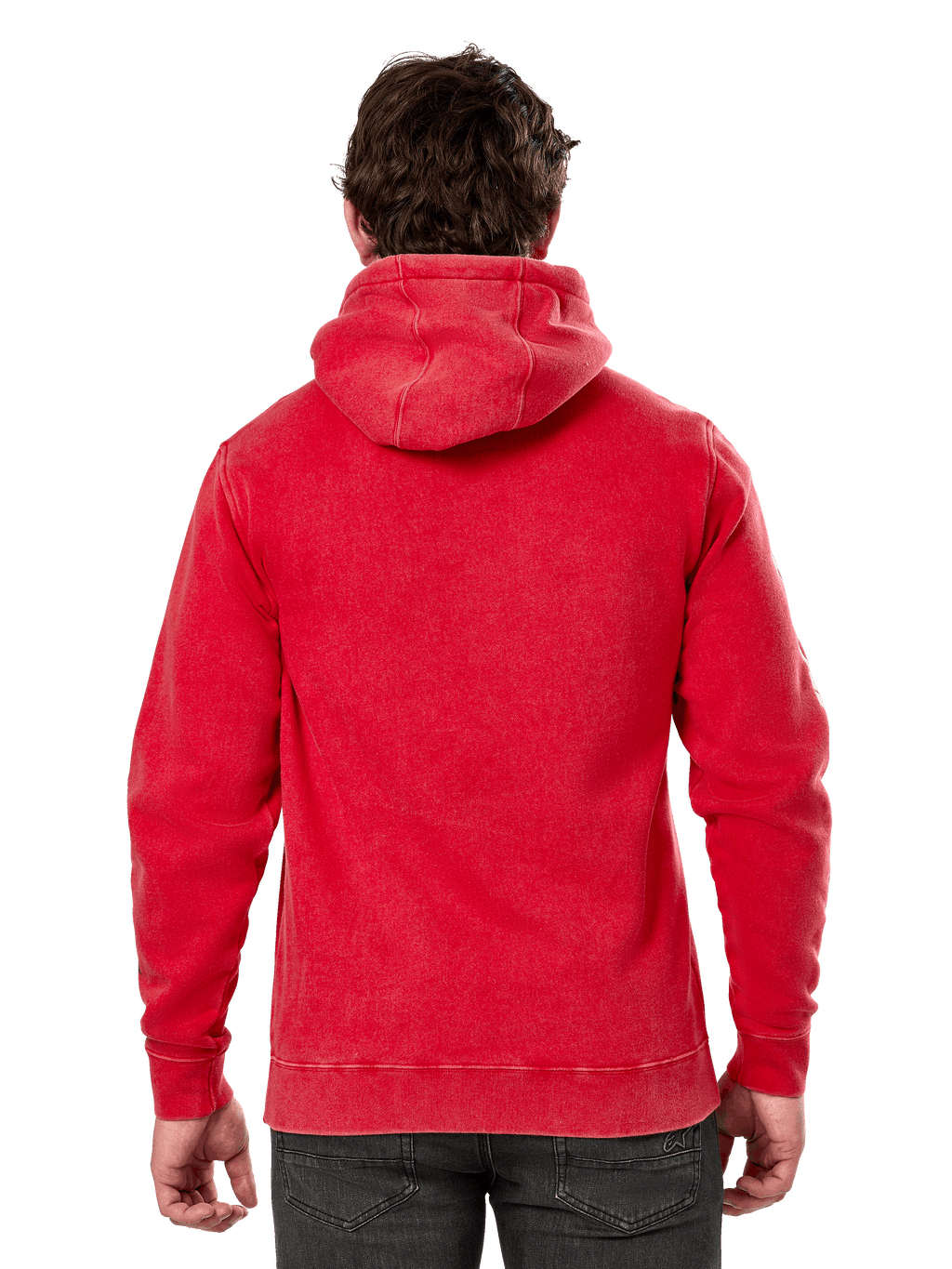 Felpa con cappuccio Alpinestars Unbound, vista posteriore di una felpa in pile rosso tinto in capo, streetwear casual, con polsini e orlo a coste, cappuccio foderato, indossata con pantaloni scuri