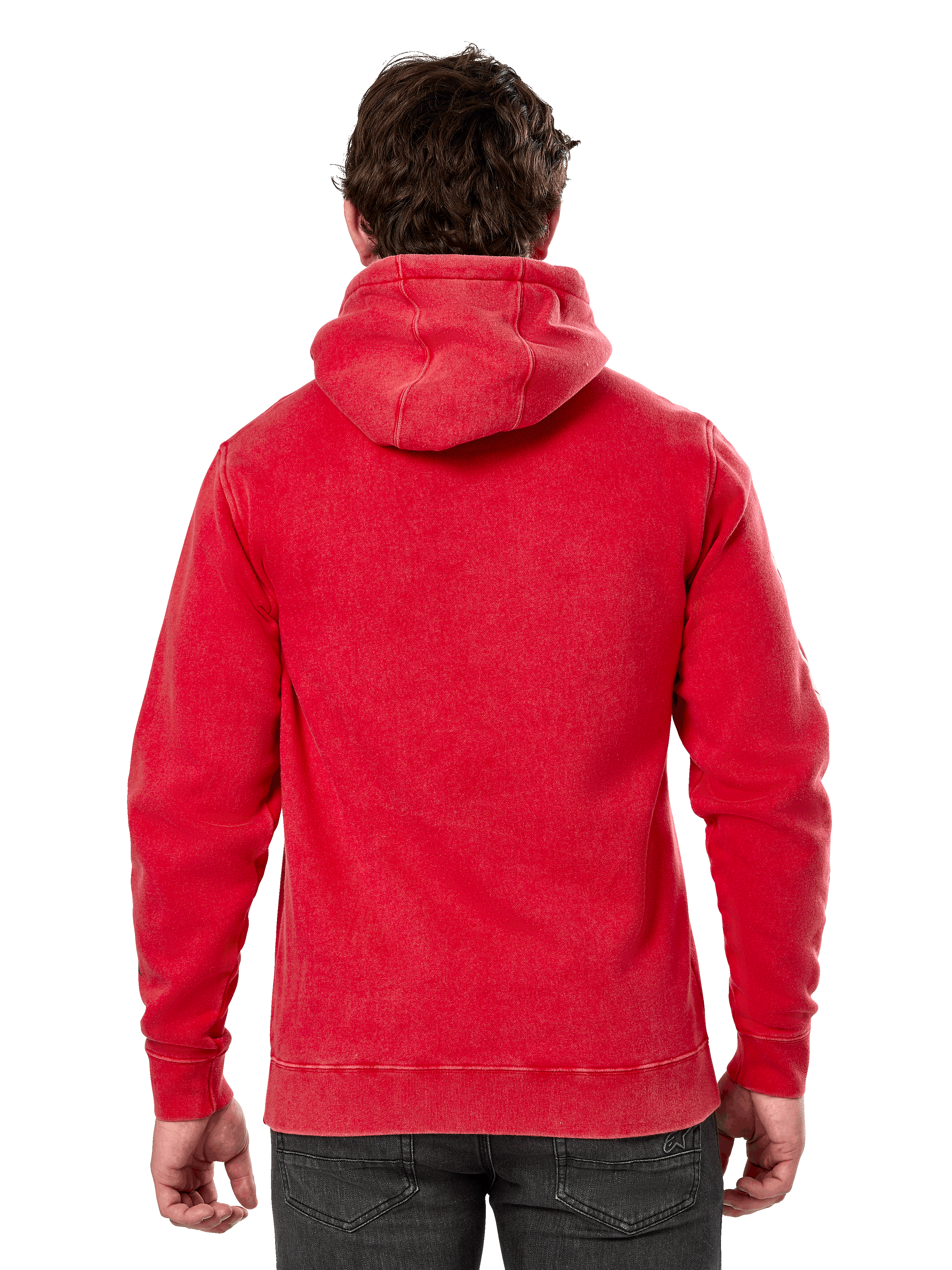 Felpa con cappuccio Alpinestars Unbound, vista posteriore di una felpa in pile rosso tinto in capo, streetwear casual, con polsini e orlo a coste, cappuccio foderato, indossata con pantaloni scuri