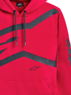 Felpa con cappuccio Alpinestars Unbound, rosso, primo piano del petto e della manica con grandi loghi grafici grigio scuro, cappuccio con cordini, tasca a marsupio, streetwear casual ispirato al motorsport
