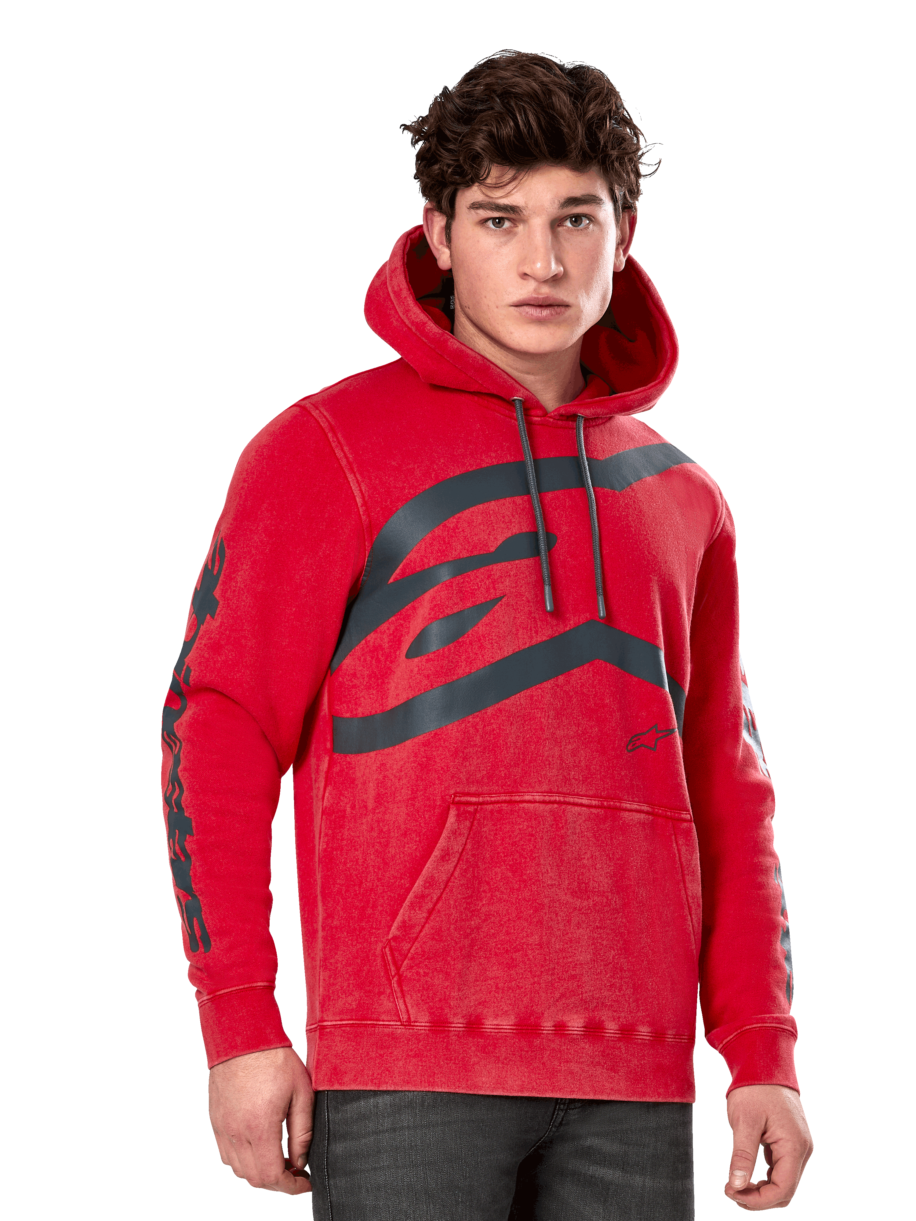 Alpinestars Unbound Hoodie, felpa in pile con cappuccio, rosso tinto in capo, grande logo grigio sul petto, scritta Alpinestars sulle maniche, tasca a marsupio anteriore e cappuccio con cordino, streetwear casual ispirato al motorsport