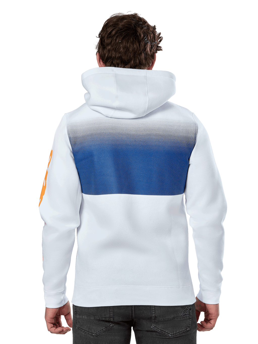 Alpinestars Specter Hoodie, bianca, felpa streetwear casual con stampa sfumata blu sul retro, logo wordmark arancione sulla manica, vista posteriore