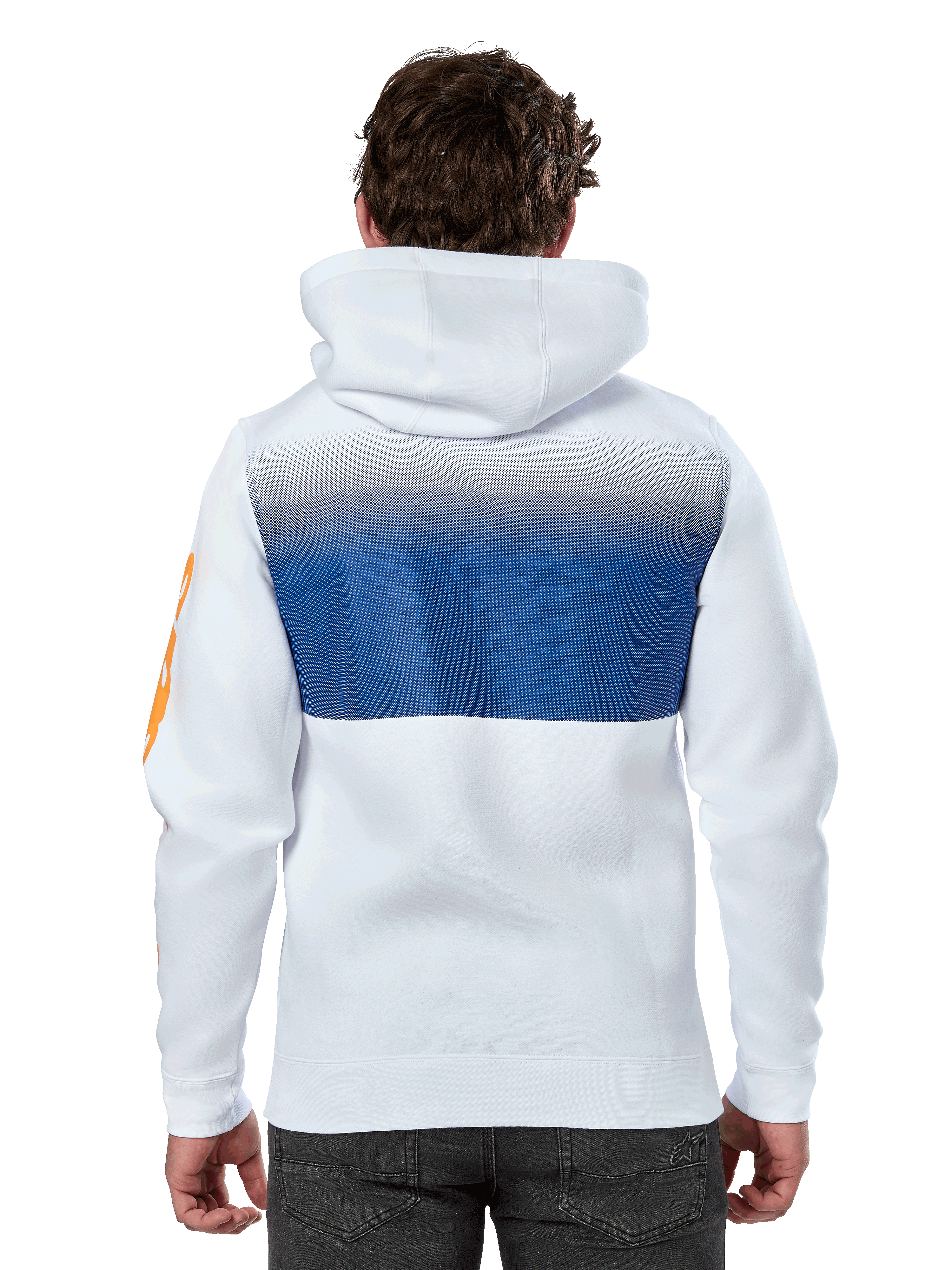 Alpinestars Specter Hoodie, bianca, felpa streetwear casual con stampa sfumata blu sul retro, logo wordmark arancione sulla manica, vista posteriore