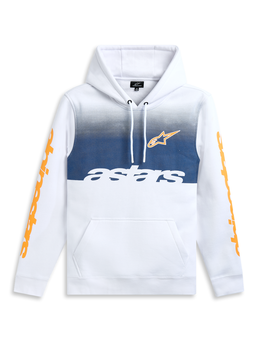 Alpinestars Felpa Con Cappuccio Specter, felpa con cappuccio in pile bianca, stampa sfumata e loghi arancioni sulle maniche, tasca a marsupio, sportswear casual