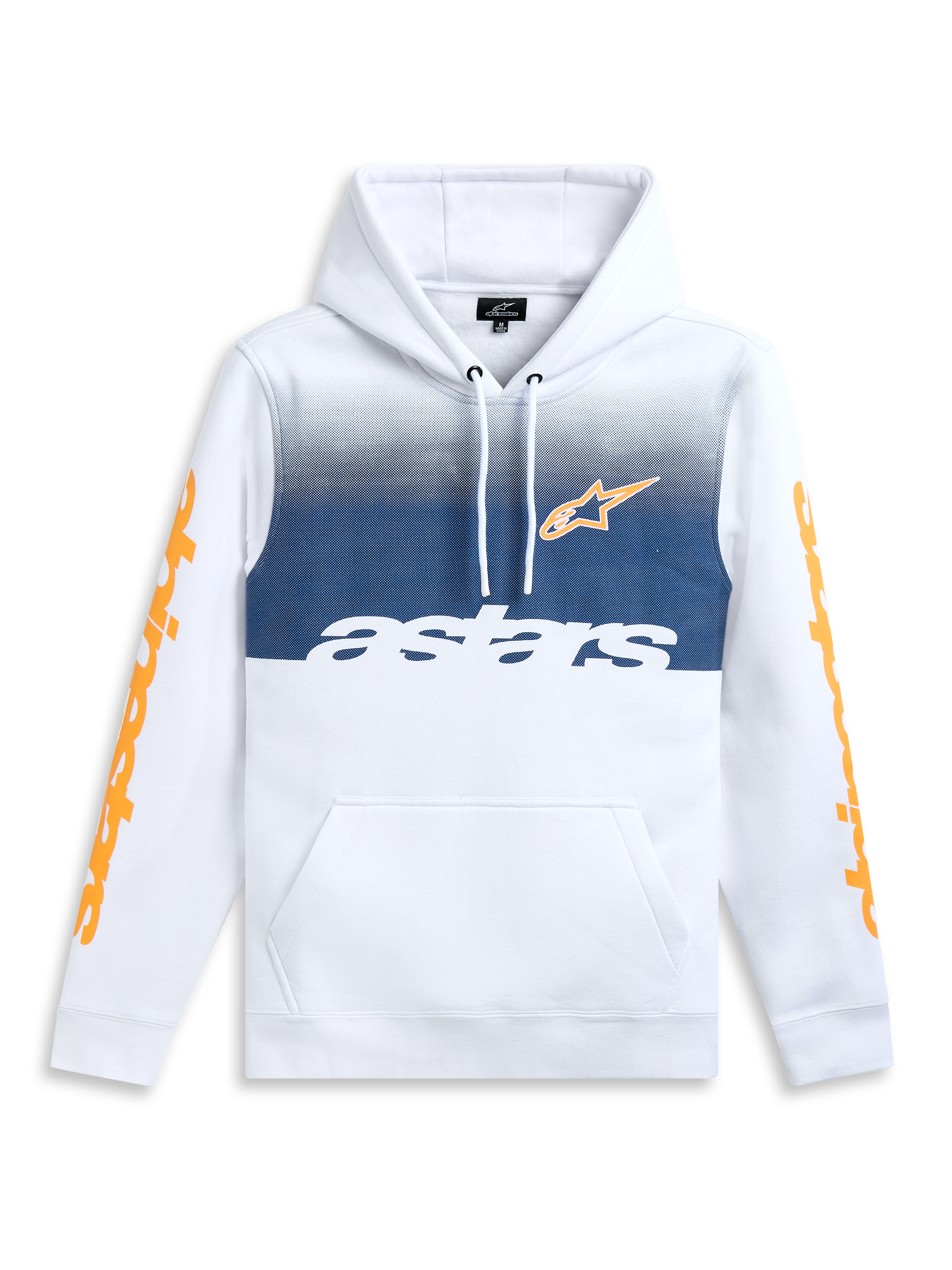 Alpinestars Felpa Con Cappuccio Specter, felpa con cappuccio in pile bianca, stampa sfumata e loghi arancioni sulle maniche, tasca a marsupio, sportswear casual