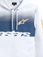 Felpa con cappuccio Alpinestars Specter, bianca con stampa sfumata blu navy, logo a stella Alpinestars arancione e scritta bianca, felpa in pile casual stile streetwear ispirata al motorsport con cappuccio e cordino