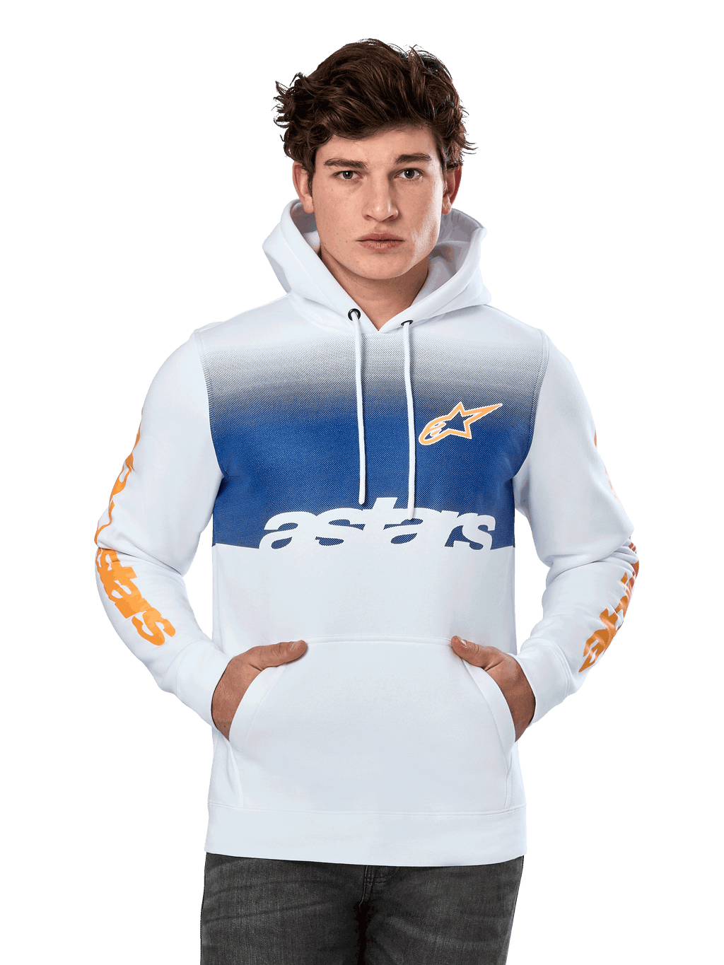 Alpinestars Specter Hoodie, bianca con pannello sfumato blu sul petto, logo a stella arancione e scritte sulle maniche, testo 'astars' bianco, tasca a marsupio frontale, cappuccio con cordino, streetwear casual da motorsport