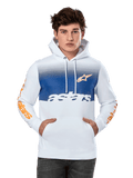 Alpinestars Specter Hoodie, bianca con pannello sfumato blu sul petto, logo a stella arancione e scritte sulle maniche, testo 'astars' bianco, tasca a marsupio frontale, cappuccio con cordino, streetwear casual da motorsport