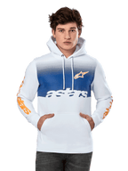 Alpinestars Specter Hoodie, bianca con pannello sfumato blu sul petto, logo a stella arancione e scritte sulle maniche, testo 'astars' bianco, tasca a marsupio frontale, cappuccio con cordino, streetwear casual da motorsport