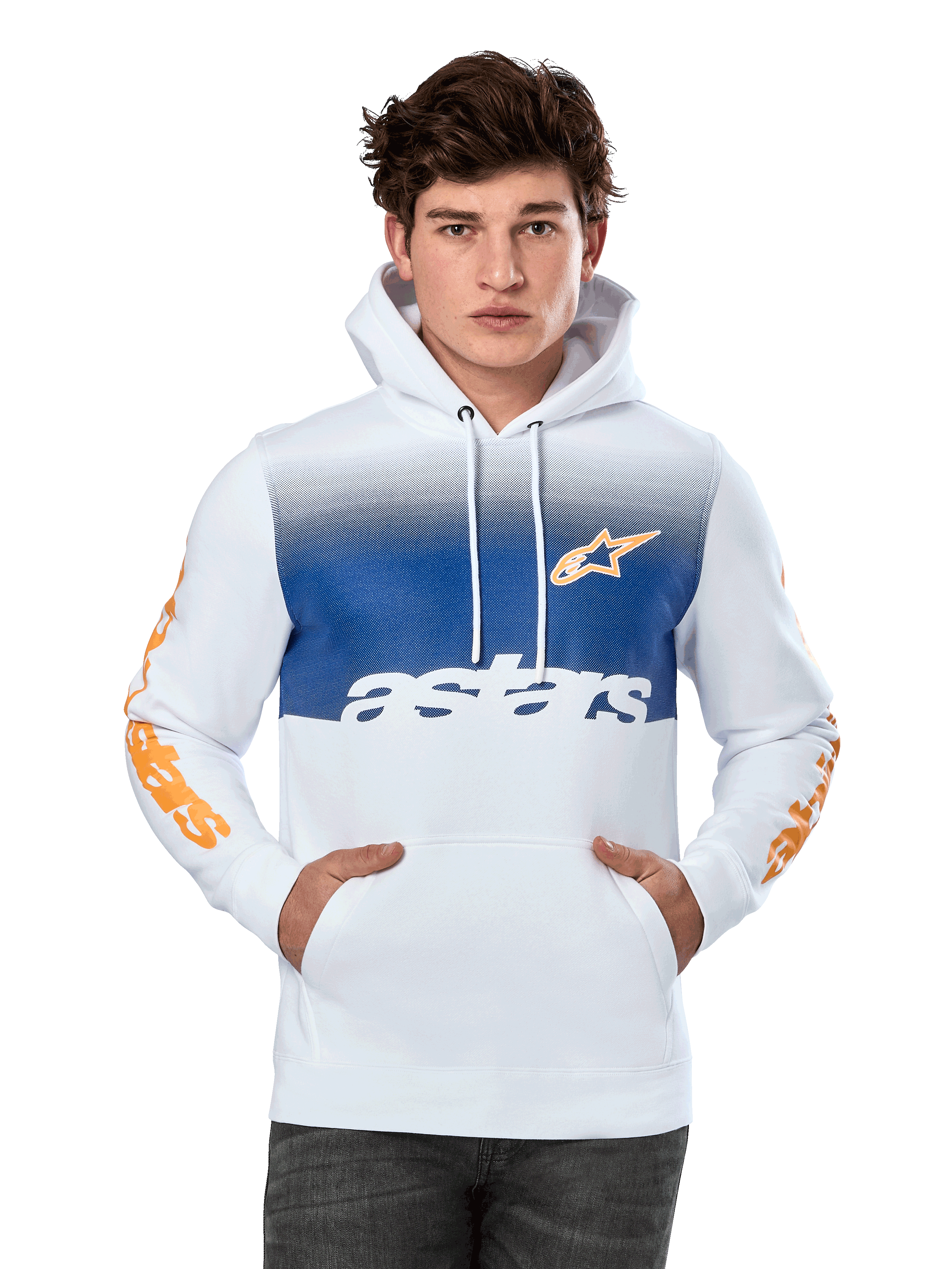 Alpinestars Specter Hoodie, bianca con pannello sfumato blu sul petto, logo a stella arancione e scritte sulle maniche, testo 'astars' bianco, tasca a marsupio frontale, cappuccio con cordino, streetwear casual da motorsport