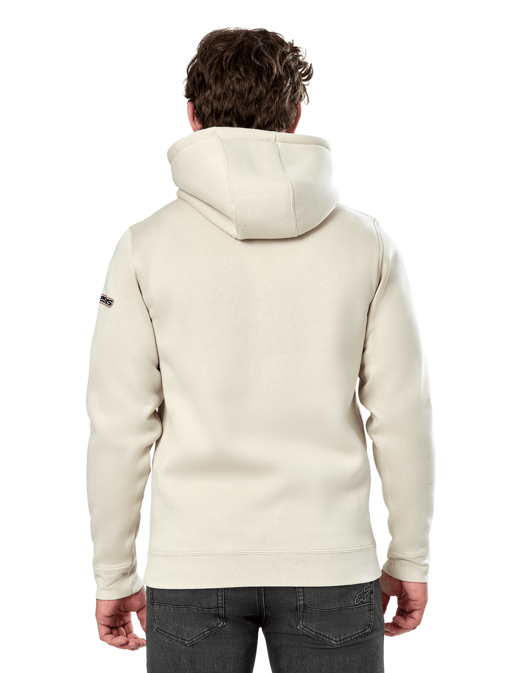 Felpa con cappuccio Alpinestars Insignia, vista posteriore di un uomo che indossa una felpa casual in pile, Off White, con cappuccio foderato e polsini a costine, abbigliamento streetwear ispirato al motorsport