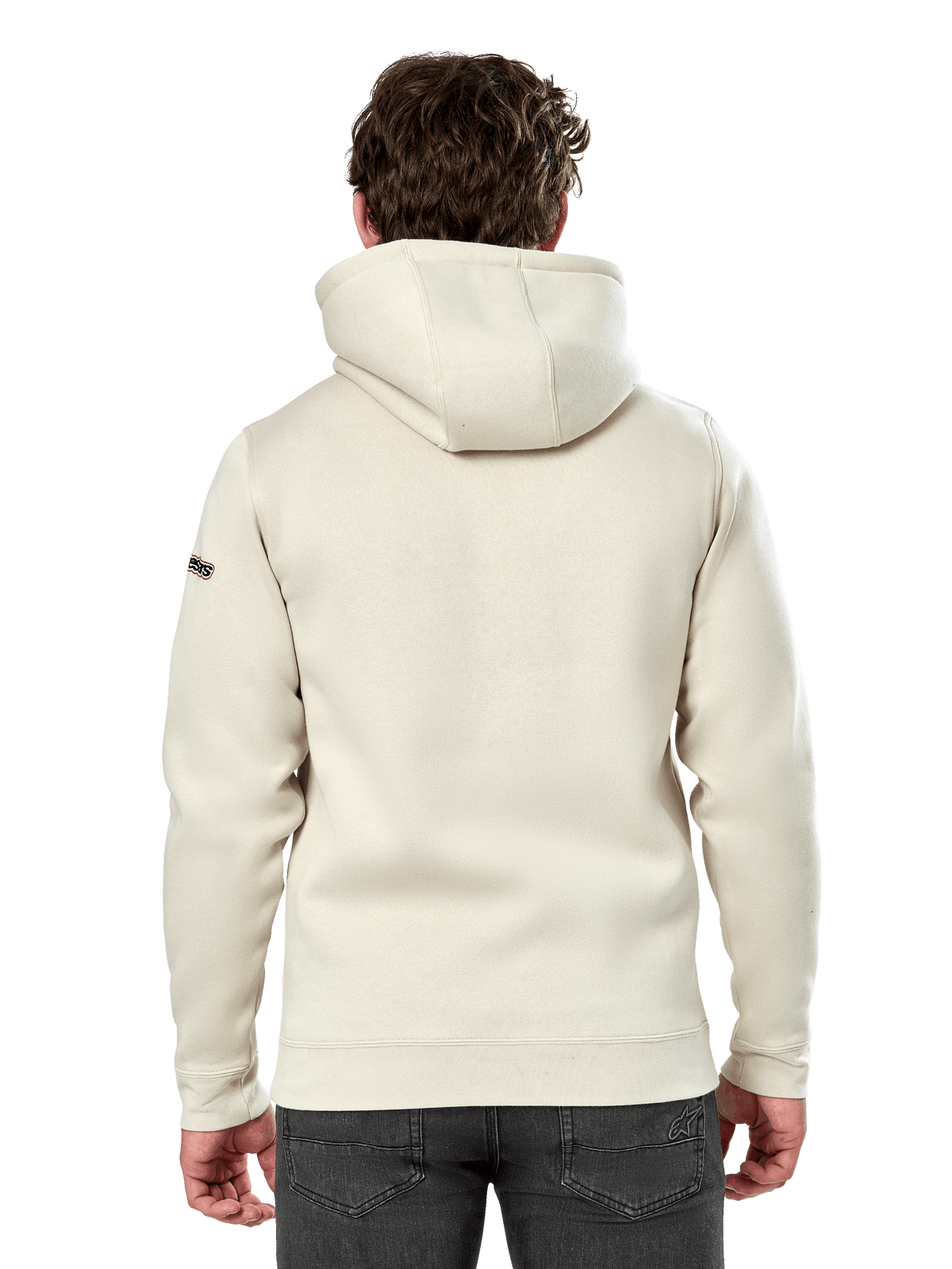 Felpa con cappuccio Alpinestars Insignia, vista posteriore di un uomo che indossa una felpa casual in pile, Off White, con cappuccio foderato e polsini a costine, abbigliamento streetwear ispirato al motorsport