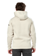 Felpa con cappuccio Alpinestars Insignia, vista posteriore di un uomo che indossa una felpa casual in pile, Off White, con cappuccio foderato e polsini a costine, abbigliamento streetwear ispirato al motorsport