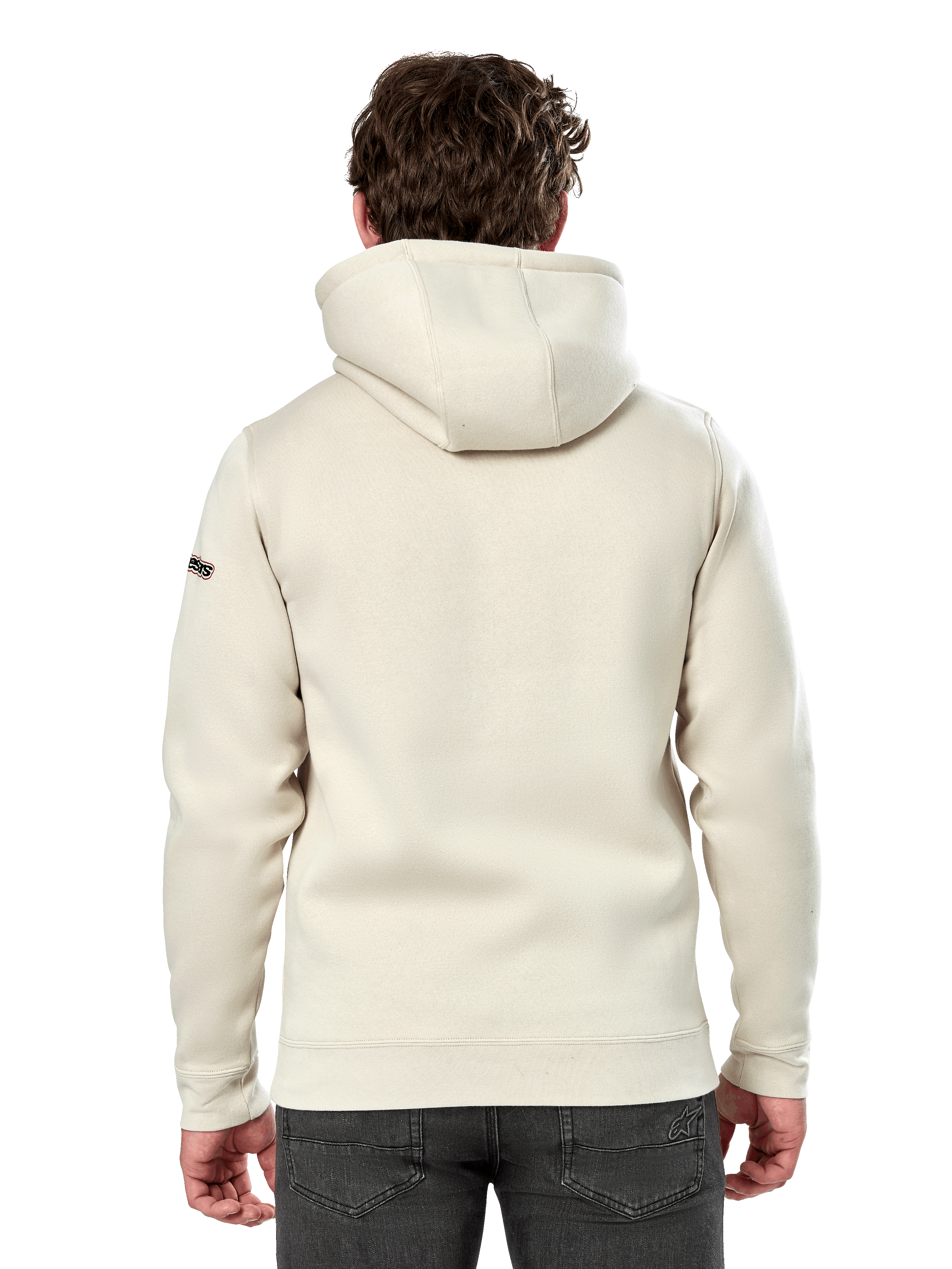 Felpa con cappuccio Alpinestars Insignia, vista posteriore di un uomo che indossa una felpa casual in pile, Off White, con cappuccio foderato e polsini a costine, abbigliamento streetwear ispirato al motorsport
