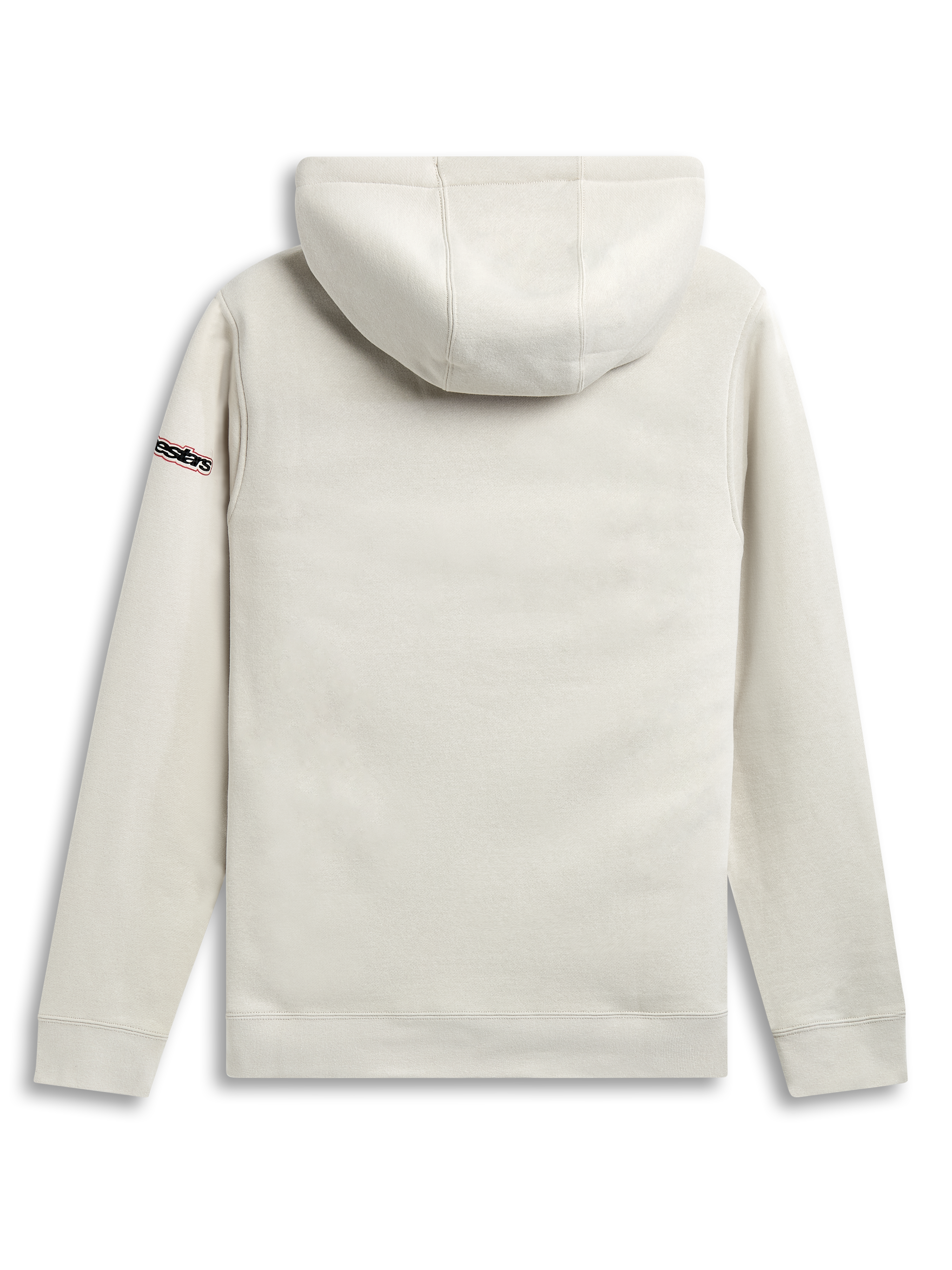 Alpinestars Felpa Con Cappuccio Insignia, felpa con cappuccio sportswear off white, vista posteriore con cappuccio a doppio strato e dettaglio con logo sulla manica