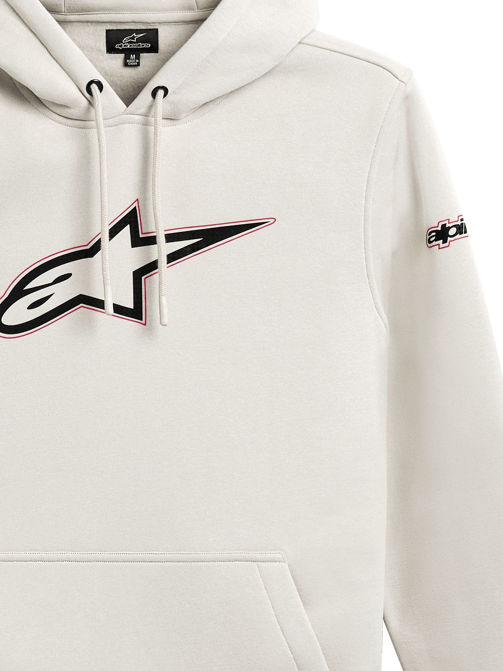 Alpinestars Felpa con cappuccio Insignia, felpa casual in pile, Off White, grande logo Astars sul petto con contorno rosso, branding sulla manica, cappuccio con cordoncino, tasca a marsupio, design d'ispirazione motorsport