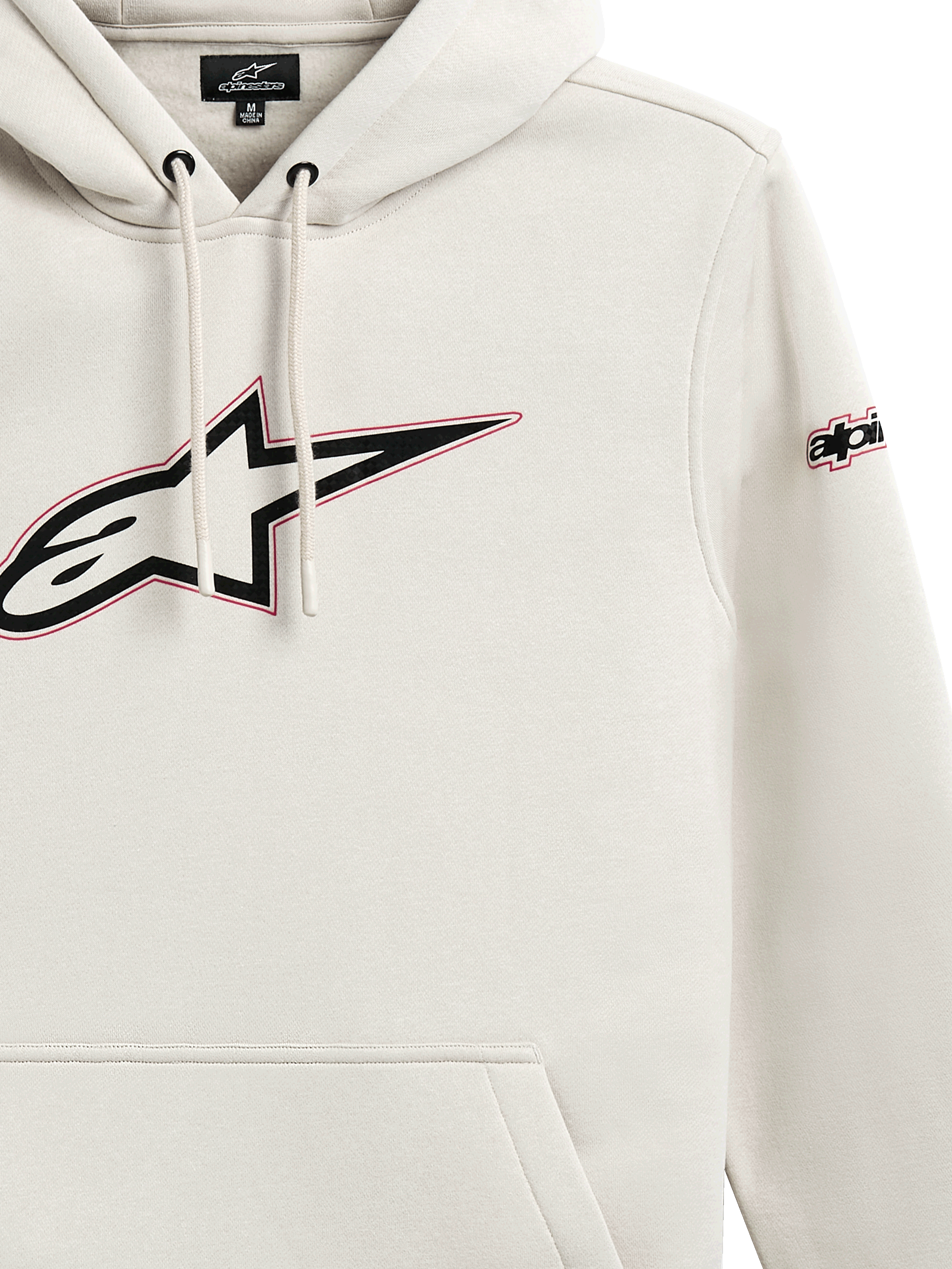 Alpinestars Felpa con cappuccio Insignia, felpa casual in pile, Off White, grande logo Astars sul petto con contorno rosso, branding sulla manica, cappuccio con cordoncino, tasca a marsupio, design d'ispirazione motorsport