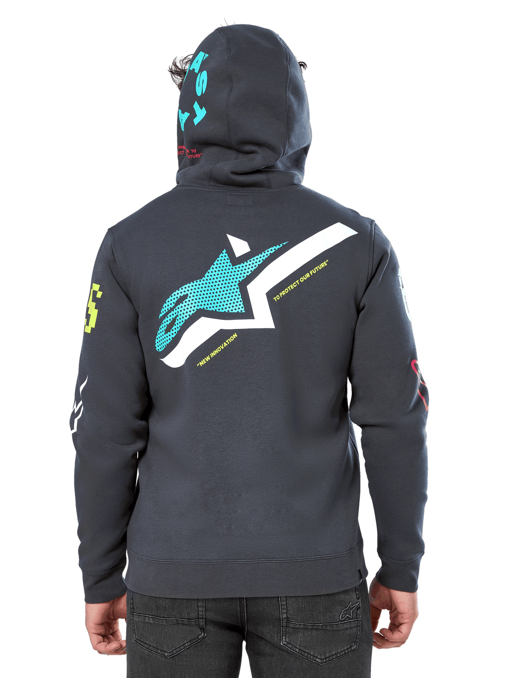 Alpinestars Variegate Hoodie, vista posteriore, Grigio Gunmetal, presenta un grande logo Astars verde acqua e bianco sul retro con la scritta 'New Innovation', grafica 'Astars' verde acqua sul cappuccio, loghi colorati sulle maniche, streetwear casual da motorsport