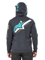 Alpinestars Variegate Hoodie, vista posteriore, Grigio Gunmetal, presenta un grande logo Astars verde acqua e bianco sul retro con la scritta 'New Innovation', grafica 'Astars' verde acqua sul cappuccio, loghi colorati sulle maniche, streetwear casual da motorsport