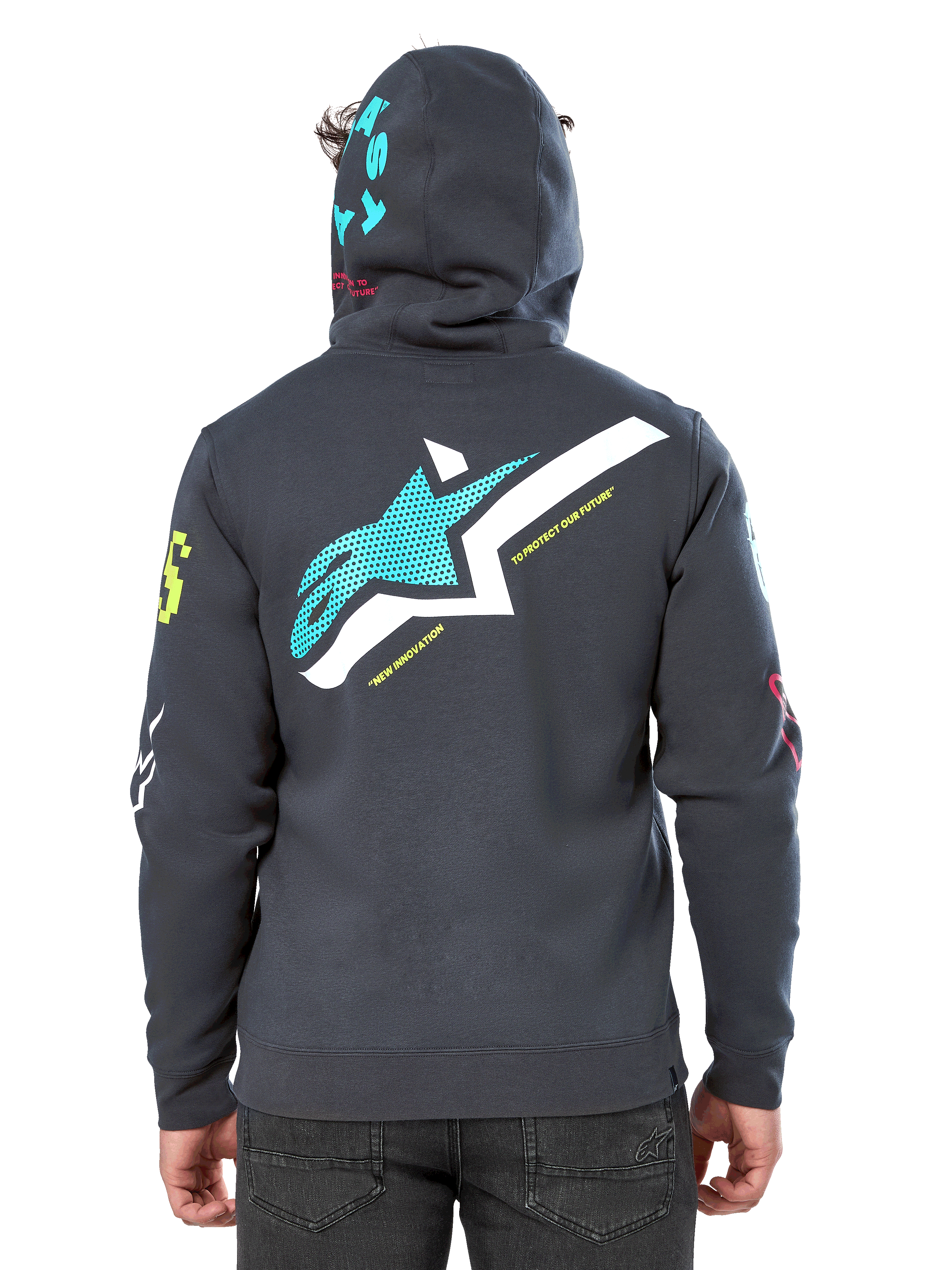 Alpinestars Variegate Hoodie, vista posteriore, Grigio Gunmetal, presenta un grande logo Astars verde acqua e bianco sul retro con la scritta 'New Innovation', grafica 'Astars' verde acqua sul cappuccio, loghi colorati sulle maniche, streetwear casual da motorsport
