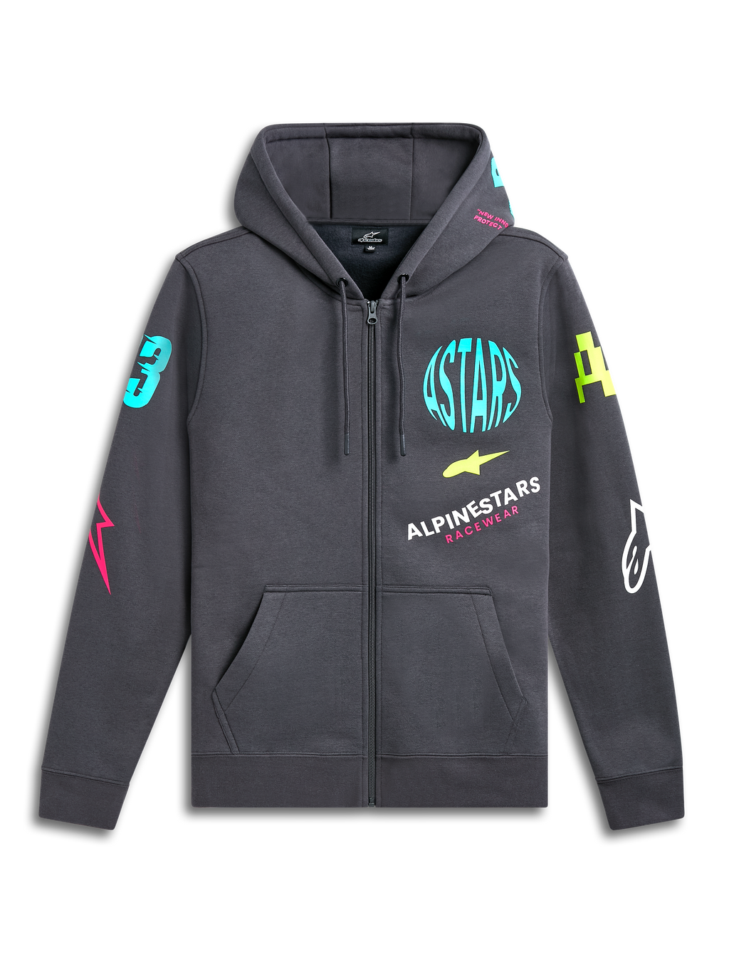 Alpinestars Variegate Hoodie, felpa in pile con zip frontale, Grigio Gunmetal, vivaci loghi neon su petto e maniche, tasca a marsupio, cappuccio con coulisse, streetwear casual ispirato al motorsport