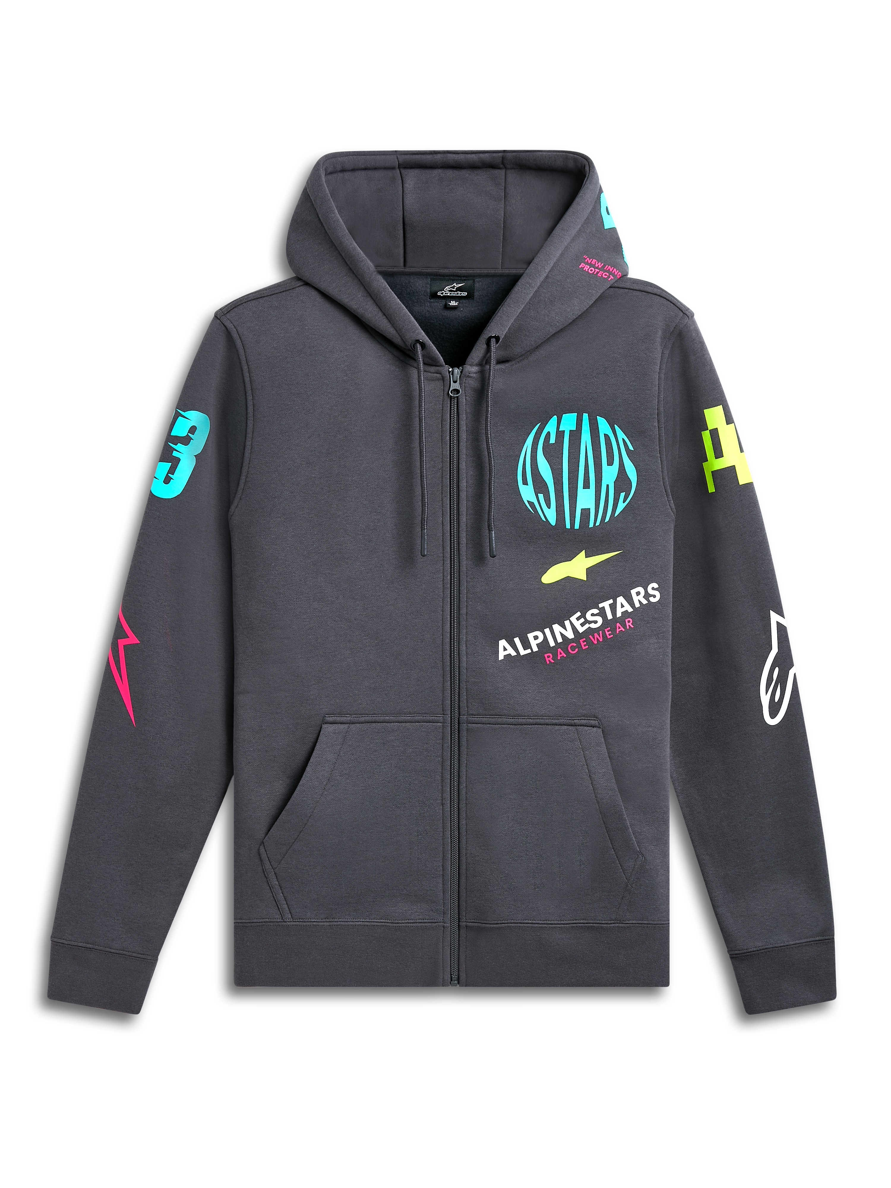 Alpinestars Variegate Hoodie, felpa in pile con zip frontale, Grigio Gunmetal, vivaci loghi neon su petto e maniche, tasca a marsupio, cappuccio con coulisse, streetwear casual ispirato al motorsport