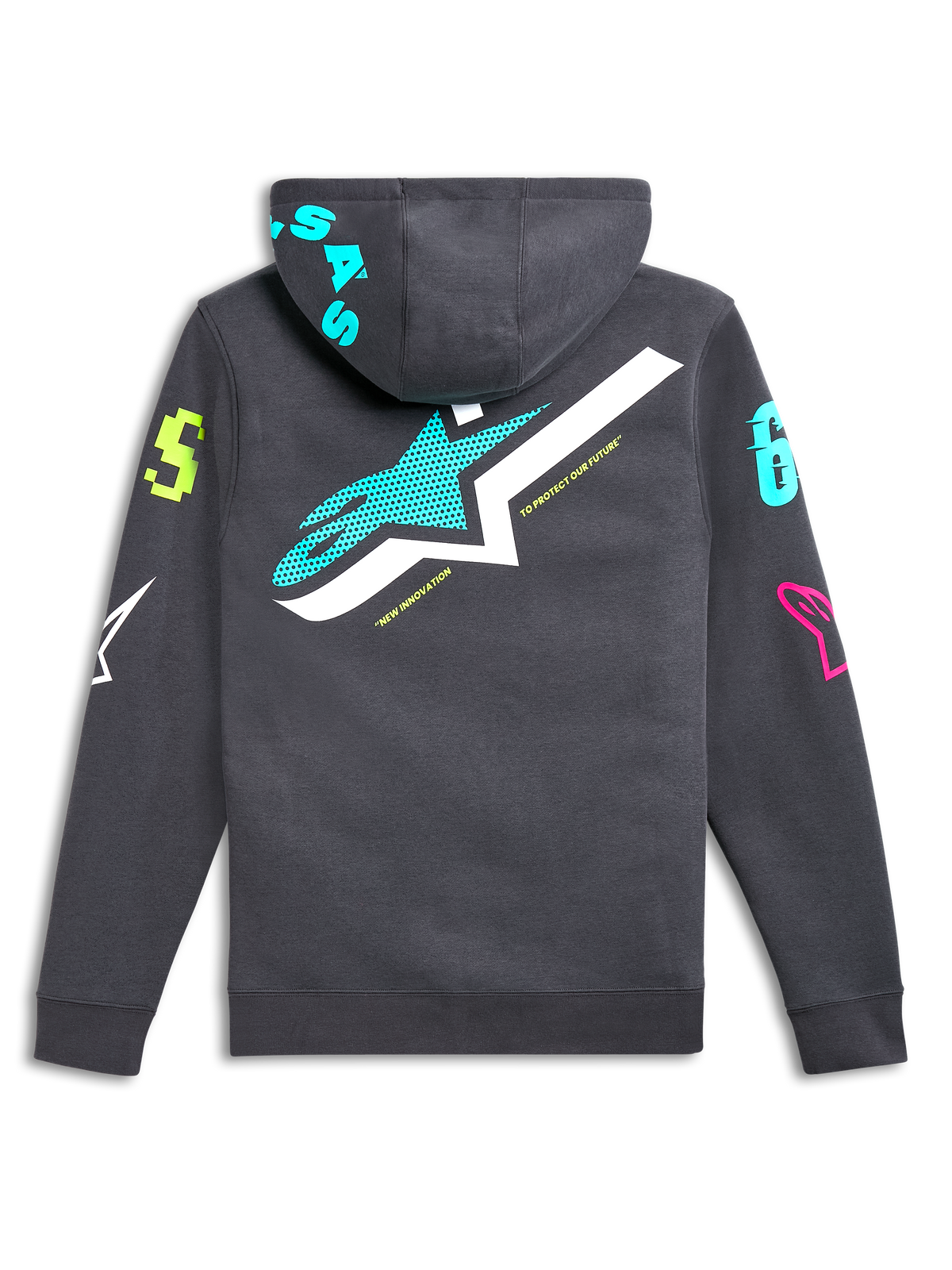 Felpa con cappuccio Alpinestars Variegate, vista posteriore, grigio canna di fucile con grande logo a stella verde acqua e bianco, vivaci grafiche logate multicolore su maniche e cappuccio, streetwear casual ispirato al motorsport
