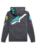 Felpa con cappuccio Alpinestars Variegate, vista posteriore, grigio canna di fucile con grande logo a stella verde acqua e bianco, vivaci grafiche logate multicolore su maniche e cappuccio, streetwear casual ispirato al motorsport