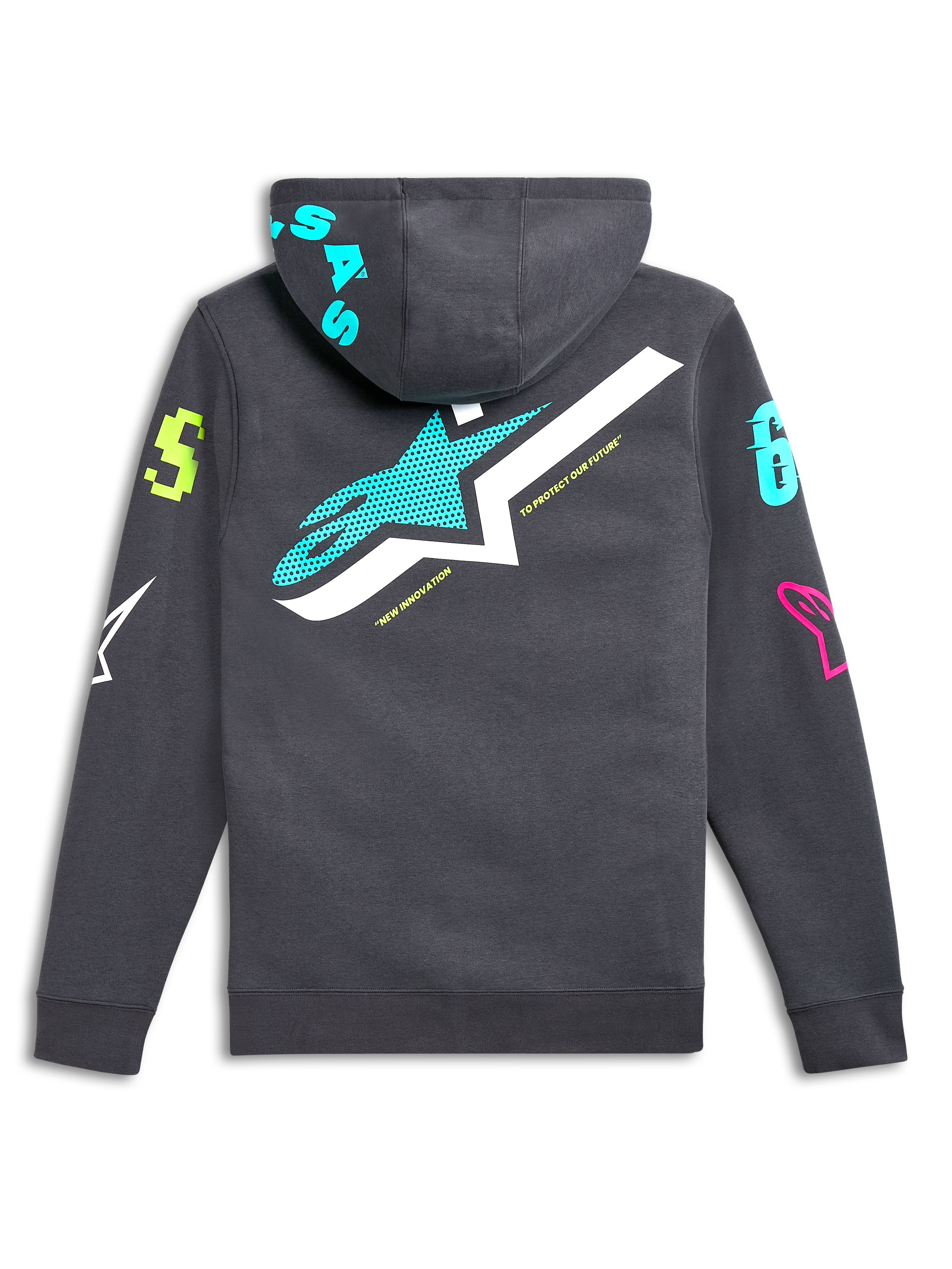 Felpa con cappuccio Alpinestars Variegate, vista posteriore, grigio canna di fucile con grande logo a stella verde acqua e bianco, vivaci grafiche logate multicolore su maniche e cappuccio, streetwear casual ispirato al motorsport