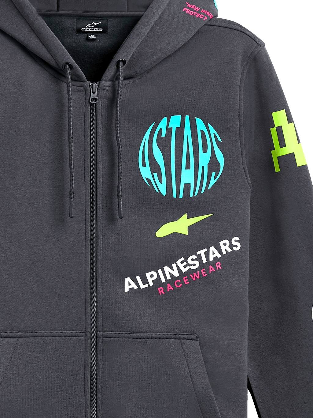 Felpa con cappuccio Alpinestars Variegate, felpa in pile con zip frontale, grigio canna di fucile con grafiche multi-logo colorate, con cerchio ASTARS azzurro, accenti verde lime e scritte rosa, streetwear casual motorsport