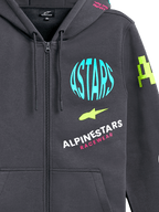 Felpa con cappuccio Alpinestars Variegate, felpa in pile con zip frontale, grigio canna di fucile con grafiche multi-logo colorate, con cerchio ASTARS azzurro, accenti verde lime e scritte rosa, streetwear casual motorsport