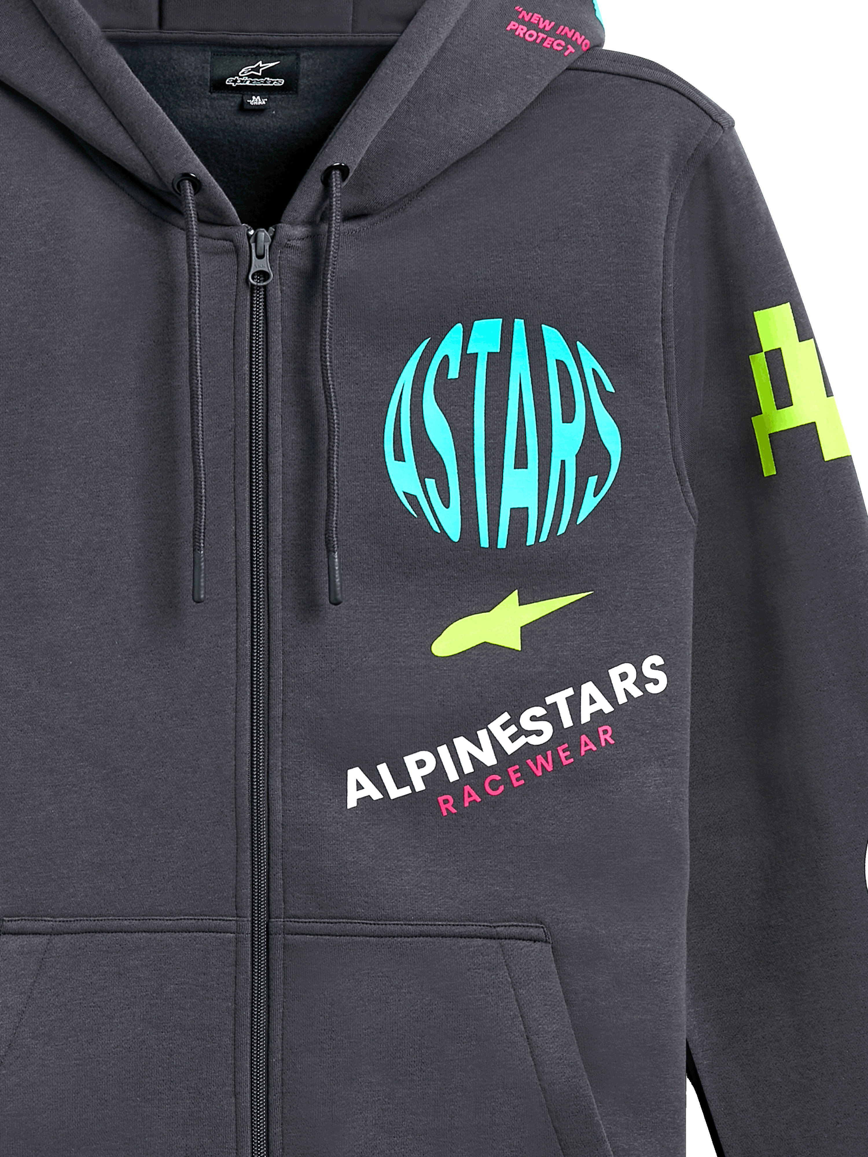 Felpa con cappuccio Alpinestars Variegate, felpa in pile con zip frontale, grigio canna di fucile con grafiche multi-logo colorate, con cerchio ASTARS azzurro, accenti verde lime e scritte rosa, streetwear casual motorsport