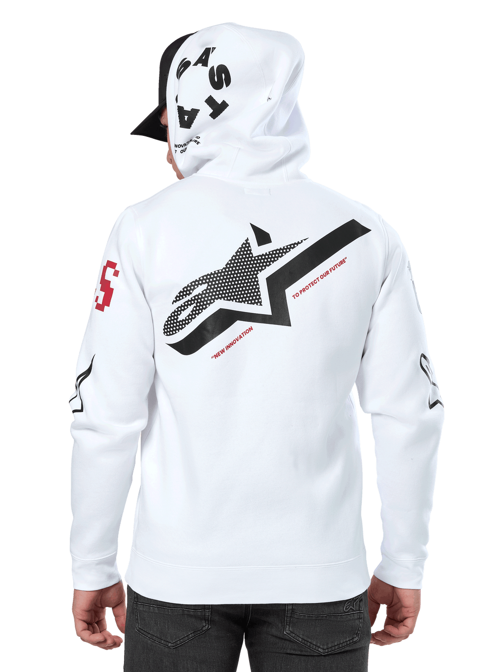 Alpinestars Variegate Hoodie, felpa con cappuccio bianca, vista posteriore con grande logo a stella nero e testo rosso, grafiche multi-logo sulle maniche e sul cappuccio, streetwear motorsport casual