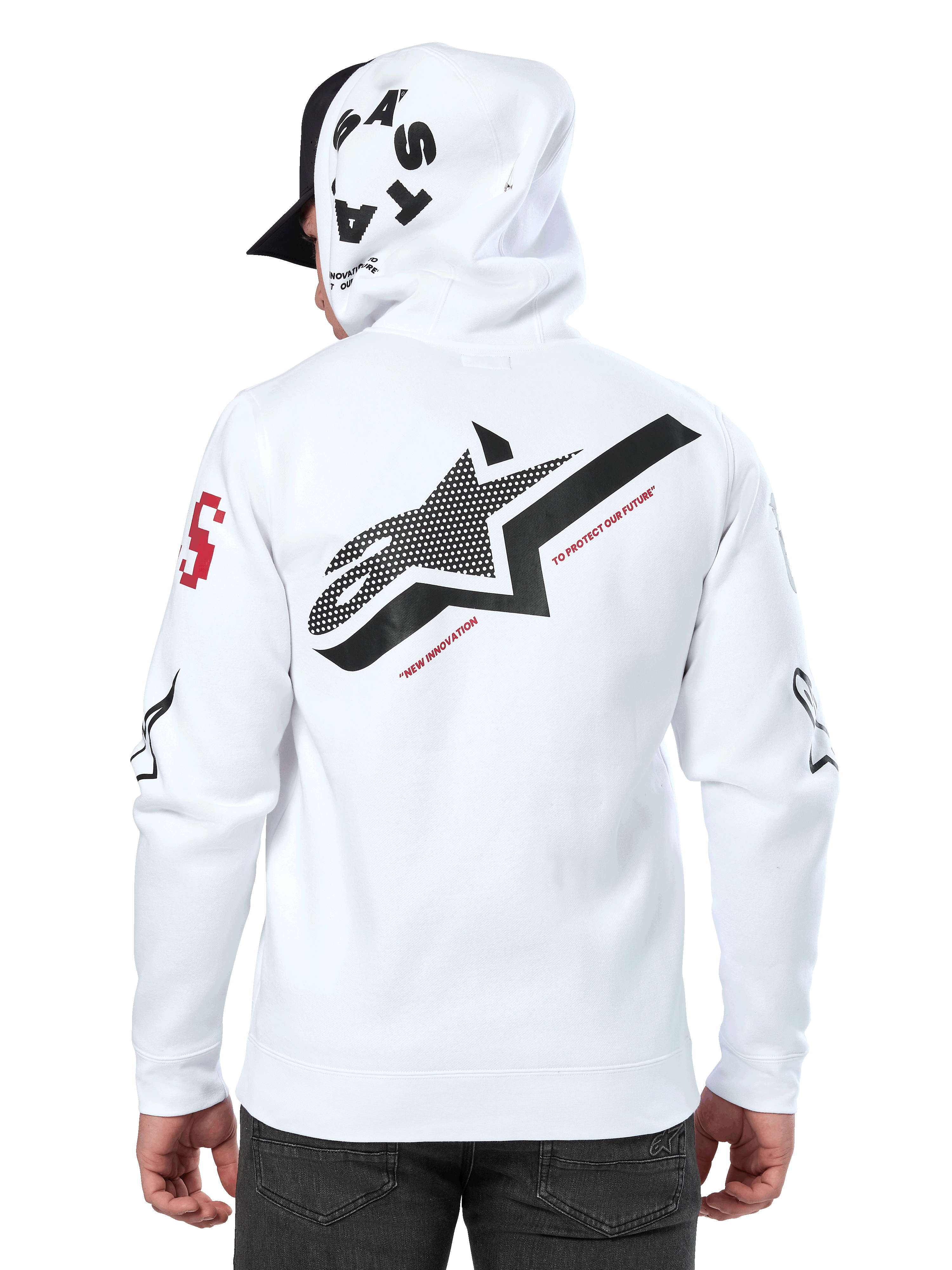 Alpinestars Variegate Hoodie, felpa con cappuccio bianca, vista posteriore con grande logo a stella nero e testo rosso, grafiche multi-logo sulle maniche e sul cappuccio, streetwear motorsport casual