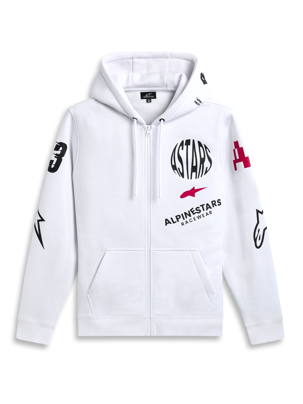 Alpinestars Variegate Hoodie, felpa in pile con zip frontale, bianca, grafica multi-logo con testo circolare ASTARS nero e logo a stella rosso sul petto, grafiche sulle maniche, tasche a marsupio e cappuccio con cordino, streetwear casual motorsport