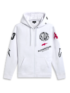 Alpinestars Variegate Hoodie, felpa in pile con zip frontale, bianca, grafica multi-logo con testo circolare ASTARS nero e logo a stella rosso sul petto, grafiche sulle maniche, tasche a marsupio e cappuccio con cordino, streetwear casual motorsport
