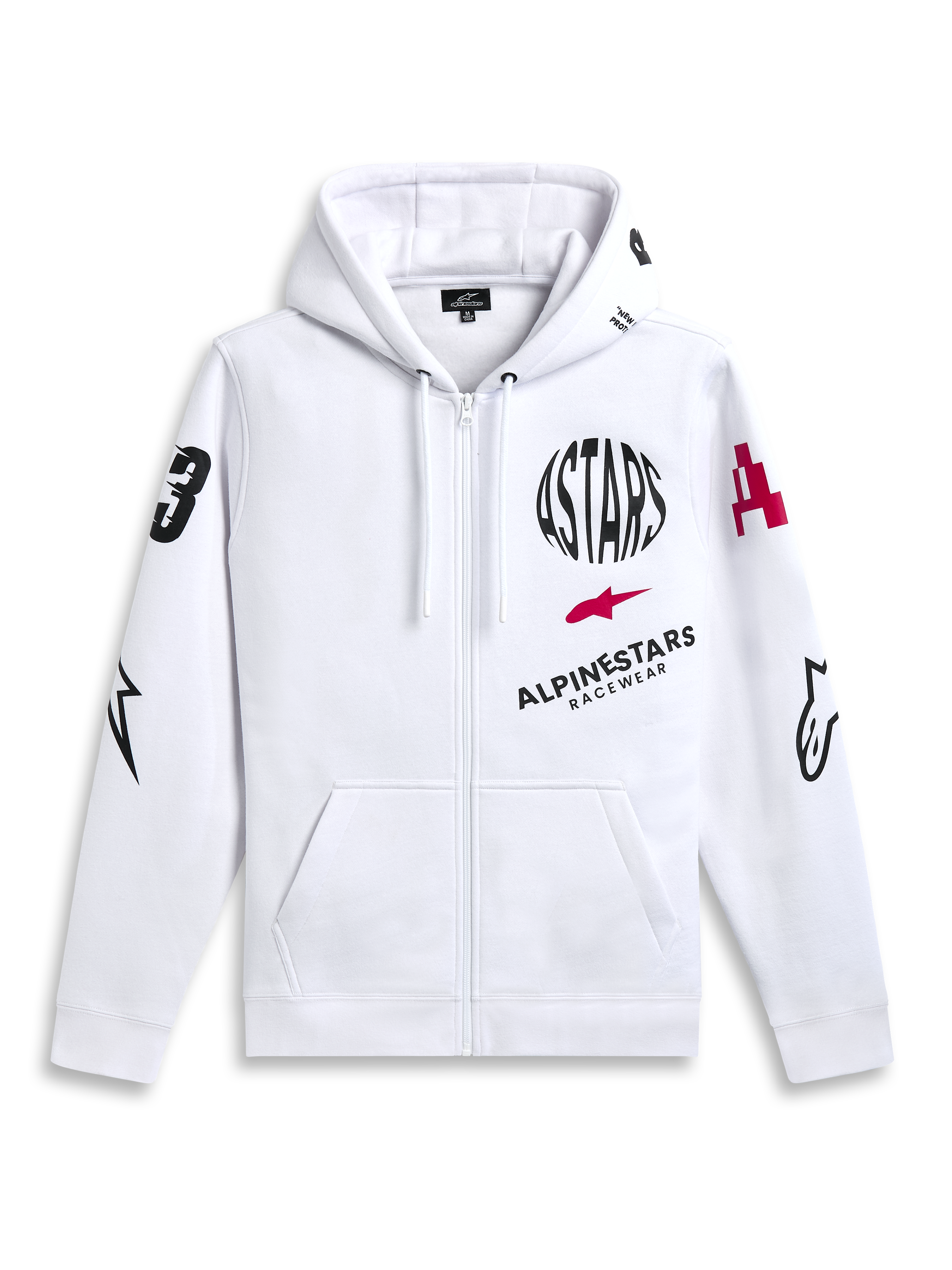 Alpinestars Variegate Hoodie, felpa in pile con zip frontale, bianca, grafica multi-logo con testo circolare ASTARS nero e logo a stella rosso sul petto, grafiche sulle maniche, tasche a marsupio e cappuccio con cordino, streetwear casual motorsport