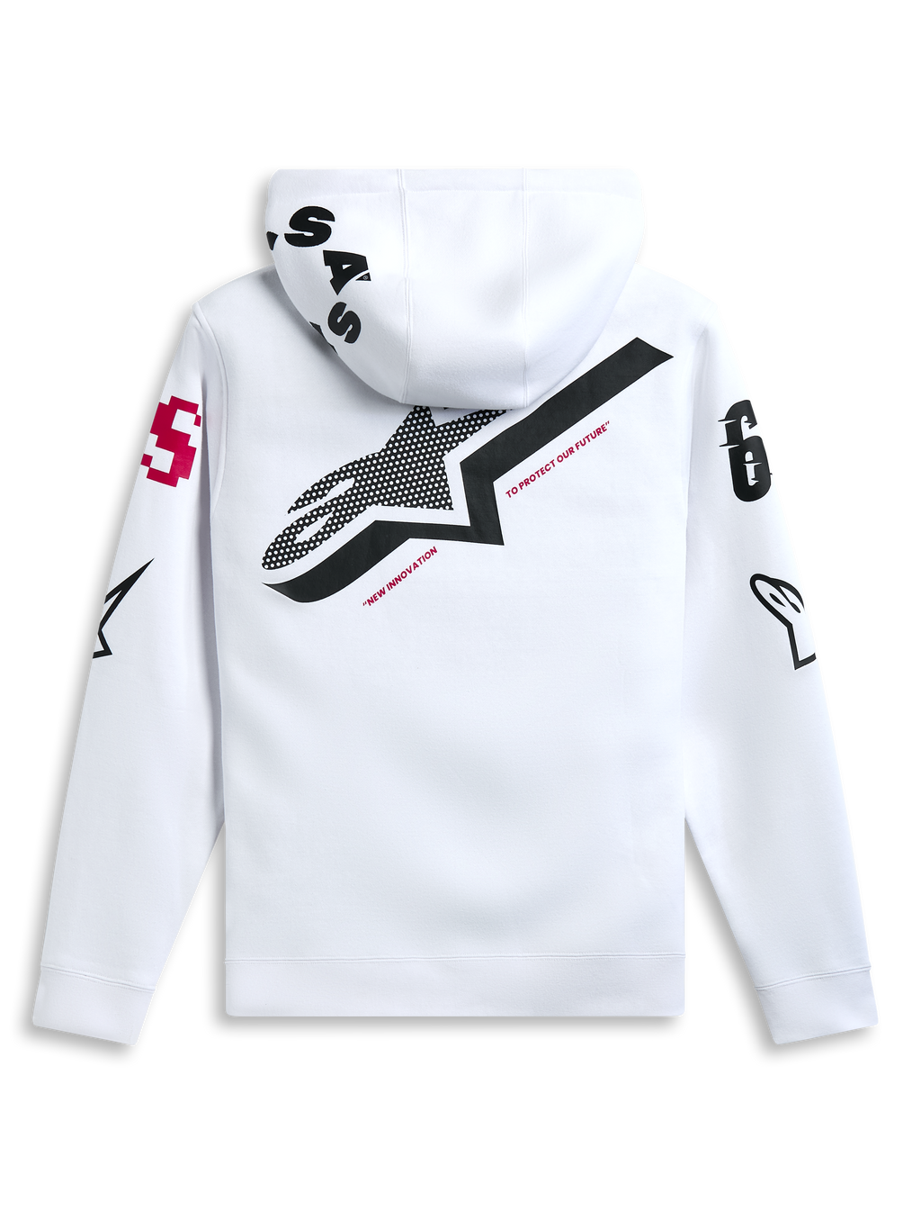 Felpa con cappuccio Alpinestars Variegate, bianco, vista posteriore con grande logo a stella nero e testo rosso 'New Innovation', grafica multi-logo su maniche e cappuccio, streetwear casual ispirato al motorsport