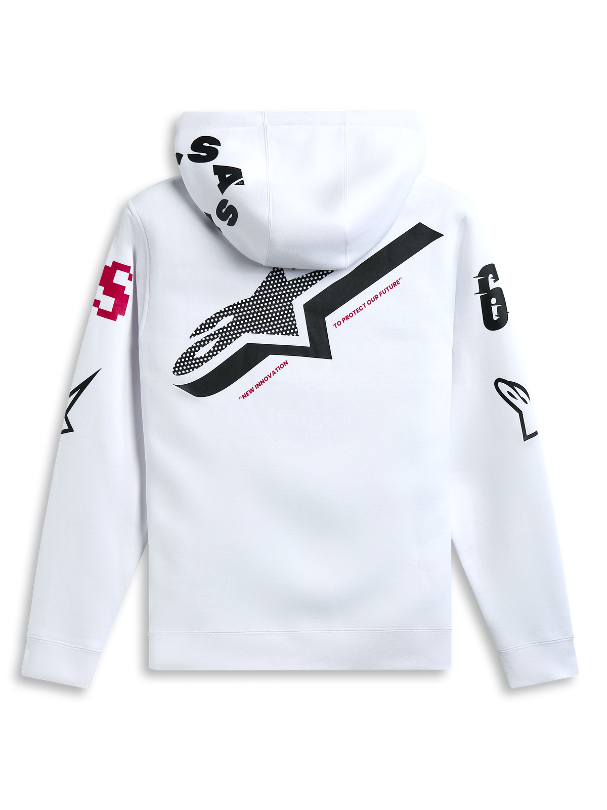 Felpa con cappuccio Alpinestars Variegate, bianco, vista posteriore con grande logo a stella nero e testo rosso 'New Innovation', grafica multi-logo su maniche e cappuccio, streetwear casual ispirato al motorsport