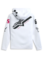 Felpa con cappuccio Alpinestars Variegate, bianco, vista posteriore con grande logo a stella nero e testo rosso 'New Innovation', grafica multi-logo su maniche e cappuccio, streetwear casual ispirato al motorsport